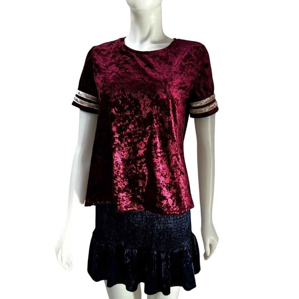 Crushed Velvet Striped Sleeve‎ T-Shirt Burgundy Women Medium Grunge Athleisure